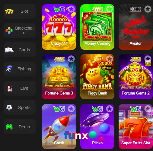 Main screen of Funx game page for PK players
